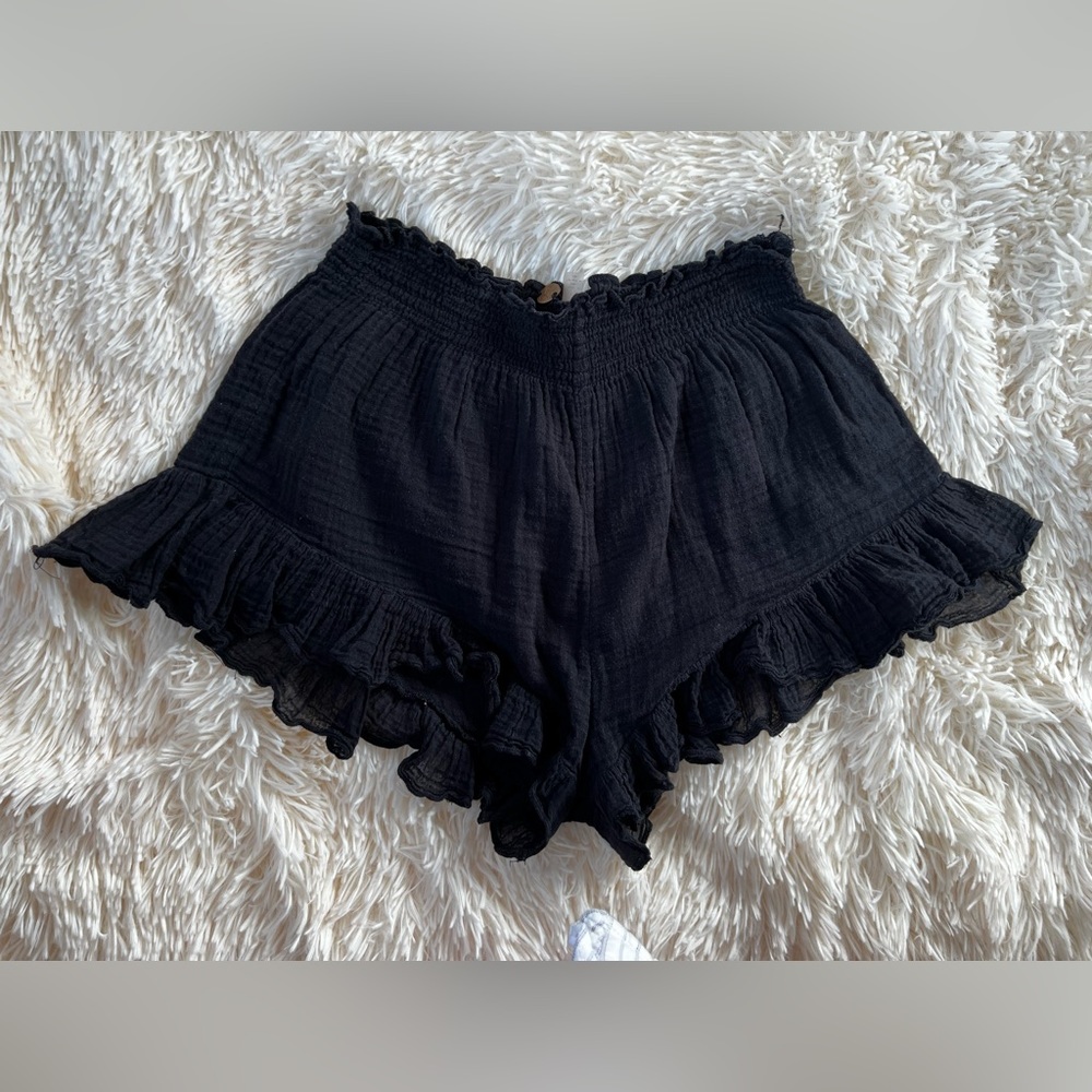 Free People One Intimate Black Cotton Ruffle Shorts